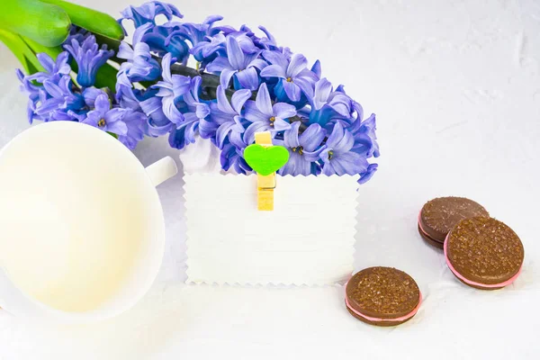 Vita Tomma Mugg Bakgrund Vårblommor Blå Hyacint Lögner Bakgrunden Ett — Stockfoto