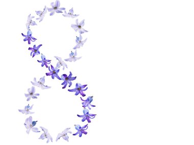 Rakamı 8 mavi sümbül çiçekleri beyaz zemin üzerinde bir dizi. İmzalamak için bir yer. Bahar kavramı 8 Mart kadınlar günü