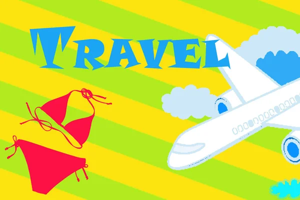 文字旅行的旅游条纹背景与飞行飞机和粉红色的泳衣 旅游和海上旅行的概念 — 图库照片