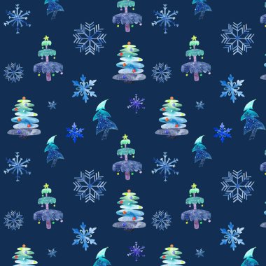 Sulu boya yeni yıl Noel ağaçları ve kar taneleri ile desen