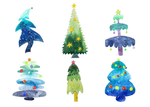 Set Watercolor New Year Christmas Trees White Background — Stock Photo, Image