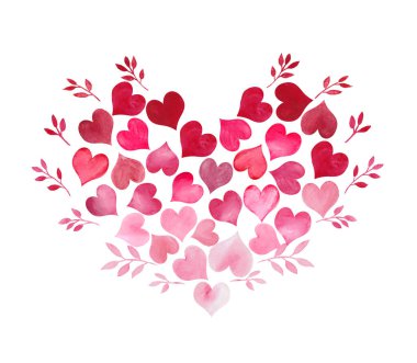 Sevgililer günü için sorunsuz kalpleri ve yaprakları beyaz zemin üzerine suluboya illüstrasyon
