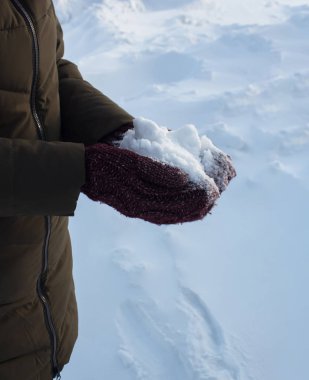 Karlı eller. Kış, soğuk, eldivenli kız elinde kar tutuyor.