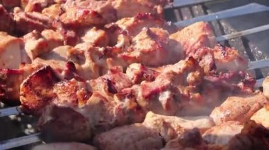 Kızarmış şiş kebap, barbekü, hafta sonları arka bahçede barbekü. Şef bir kafe veya restoranda et hazırlar..