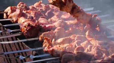 Kızarmış şiş kebap, barbekü, hafta sonları arka bahçede barbekü. Şef bir kafe veya restoranda et hazırlar..
