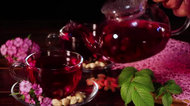 Hora Del Taza Diseño Creativo Hecho Taza Hibisco Hojas Rojo — Vídeos de Stock