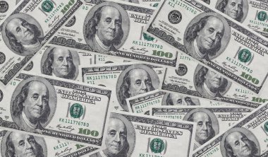 Paralı arka plan Amerikan 100 dolarlık banknotlar. Para geçmişi. Para dolu bir ekran. Bir sürü nakit para. Amerikan dolarlarının arka planlarını kapatın. Amerikan doları modeli. 100 dolar.