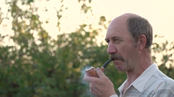 남자가 코카서스 셔츠를 절망적 파이프를 피우는 움직임의 사람이 담배를 피우고 — 비디오