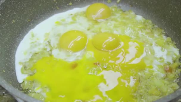 Vídeo Cámara Lenta Romper Huevos Pollo Una Sartén Con Cebollas — Vídeo de stock