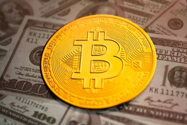 Biz dolarların arka planına karşı Bitcoin parası. Bir sürü Amerikan doları ve altın bitcoin. Para ve kripto para geçmişi. Para geçmişi. Dolarla dolu ekranı kapat..