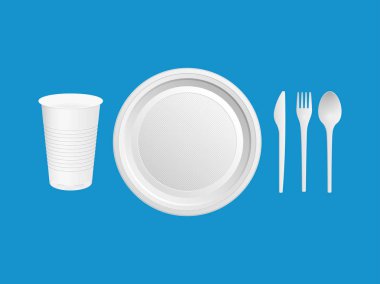 Tek kullanımlık plastik yemekleri. Cam, bıçak, çatal, kaşık mavi bir arka plan üzerinde. Vektör çizim.