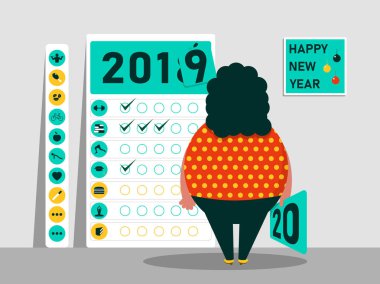 Görevler ve 2019-2020 için plan. Takvim alışkanlıkları. Komik şişman karakter. Yeni Yılınız Kutlu Olsun. Vektör çizim.