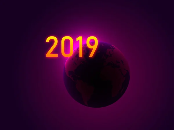 Szczęśliwego Nowego Roku Neon Numery 2019 Tle Planety Ziemi Ilustracja — Wektor stockowy