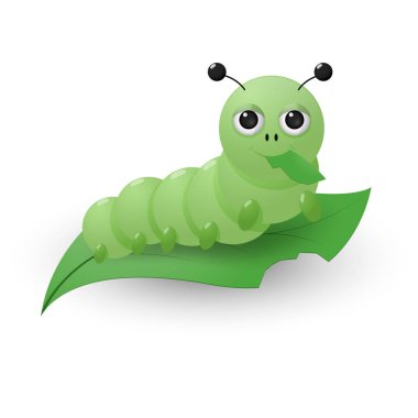 Komik bir karakter, yeşil bir yaprak yiyen şişko bir tırtıl. Vektör çizim.