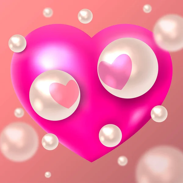 ピンクのハートの背景と心と恋の つの白い真珠 バレンタインの日 ベクトル図 — ストックベクタ