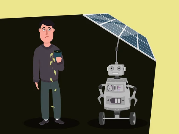 Carácter Robot Con Inteligencia Artificial Cobra Los Paneles Solares Bloqueando — Archivo Imágenes Vectoriales