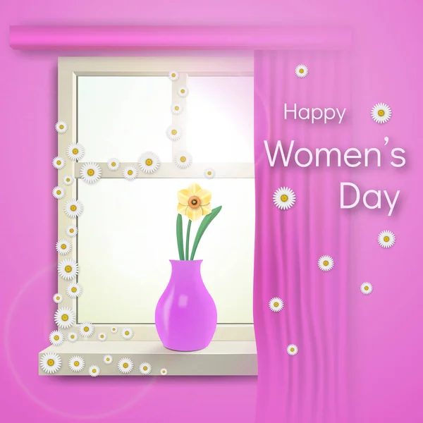 Gratulujeme Mezinárodní Den Žen Slunečné Ráno Okně Stojí Květina Váze — Stockový vektor