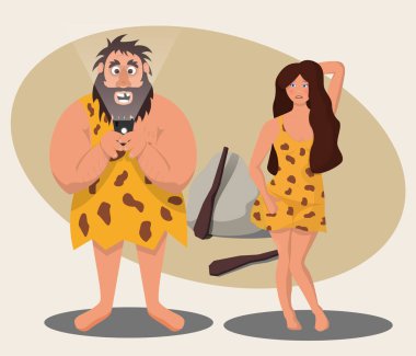 Caveman komik karakter cep telefonu, onun dikkatini çeken güzel mağara kız dikkat baktı. Vektör çizim.