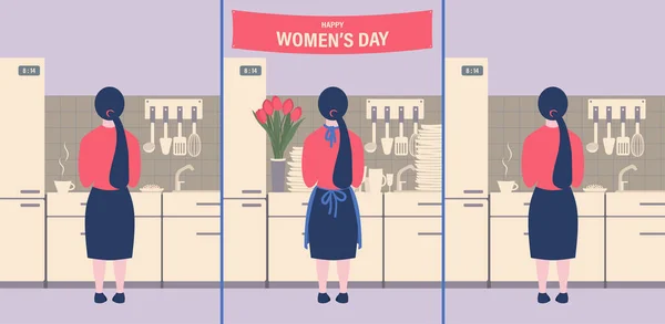 假期前 假期结束后和假期期间厨房里的女孩 祝贺3月8日国际妇女节 向量例证 — 图库矢量图片