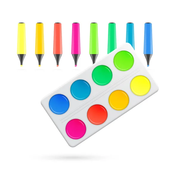 Set Realistic Multi Colored Paints Box Felt Tip Pens Vector — Stock Vector