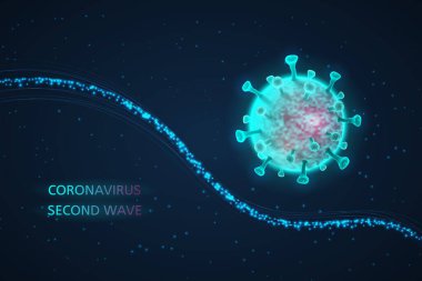 Coronavirus, ikinci dalga. Koyu mavi arkaplanda 3D flama. Vektör illüstrasyonu.