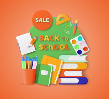 Okula dönelim. Renkli okul malzemeleri seti. Alışveriş için indirim. Vektör illüstrasyonu.