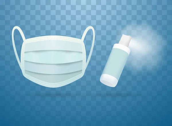 A spray can with a disinfectant solution, a spray against infections or viruses and a medical mask isolated on a dark blue background. Vector illustration.