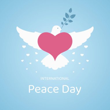 Zeytin dalı ve kalple barış ve aşk güvercini. Barış Günü. Vektör illüstrasyonu.
