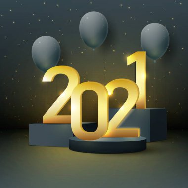 Mutlu yıllar 2021. Koyu arkaplanda altın sayılar, balonlar ve bir podyum. Vektör illüstrasyonu.