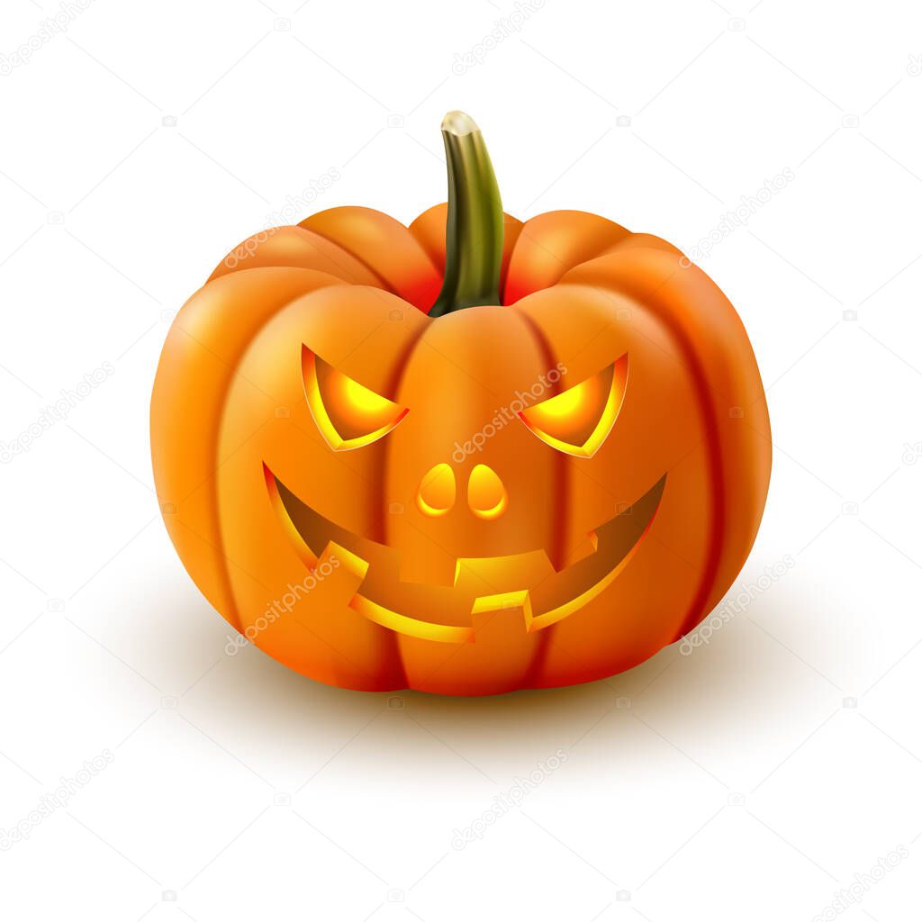 Realistic halloween pumpkin with glowing eyes isolated on white background. Vector illustration.