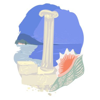  Deniz kabuğu ve antik Yunan sütunu ile deniz manzarası.