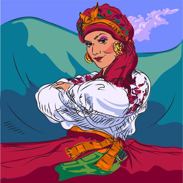 Женщины Национальном Платье Фоне Горного Пейзажа — стоковый вектор