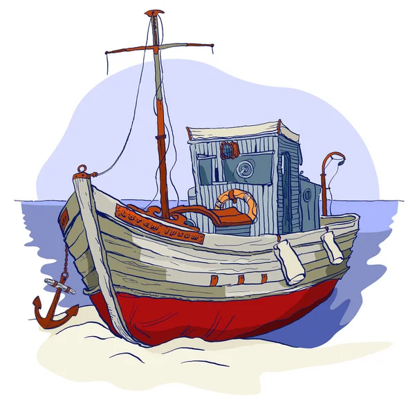 Старая Рыбацкая Шхуна Песчаном Берегу Фоне Моря — стоковый вектор