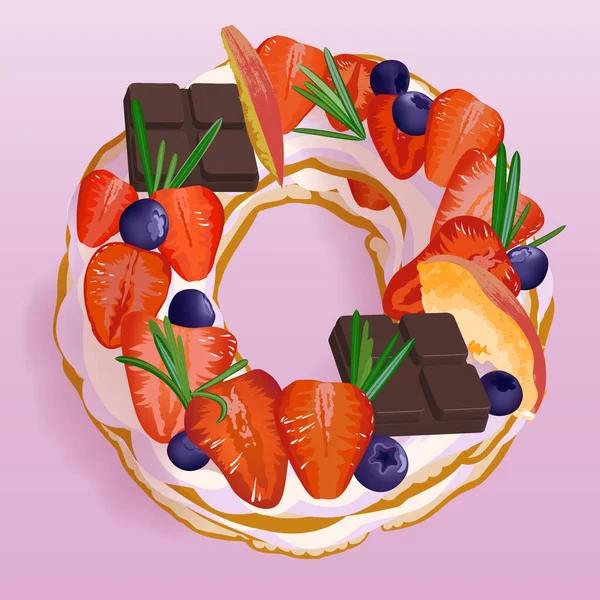 Crèmecake Met Aardbeien Chocoladestukken Een Pastelroze Achtergrond — Stockvector