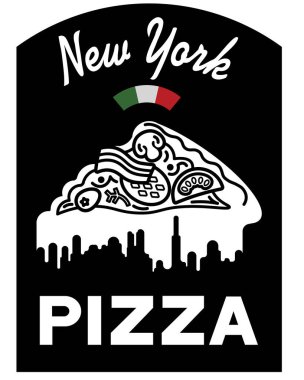 Üçgen pizza diliminin doğrusal bir görüntüsü ve siyah bir tabakta yazılı olan logo. Peynir damlaları New York 'un siluetini tasvir ediyor. Beyaz bir arkaplanda.