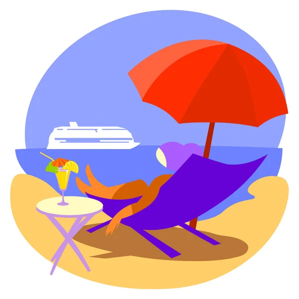 Terrain Vacances Été Femme Sur Une Chaise Longue Sous Parasol — Image vectorielle