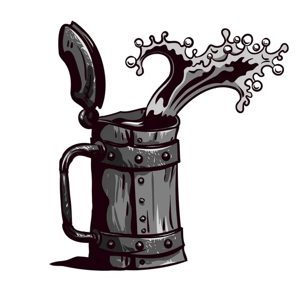Grayscale Drawing Old Beer Mug Lid Beer Splash Mug — Stock Vector