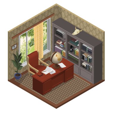İngiliz tarzı bir ofisin Isometric görüntüsü.