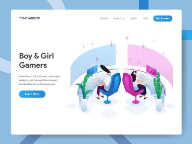 Erkek ve Kız Oyuncular İzometrik Illustrat açılış sayfası şablonu