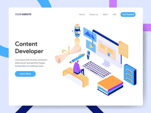 Pagina di destinazione modello di Content Developer Isometric Illustratio — Vettoriale Stock