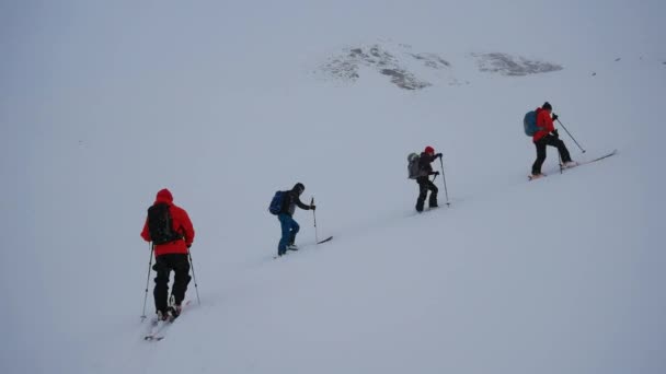 Männer gehen im Tiefschnee auf Skitour — Stockvideo