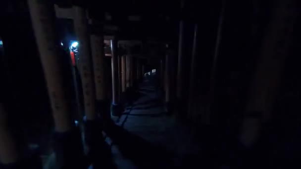 Imágenes de hiperlapso a través de las puertas Shinto Torii por la noche en Kyoto, Japón — Vídeo de stock