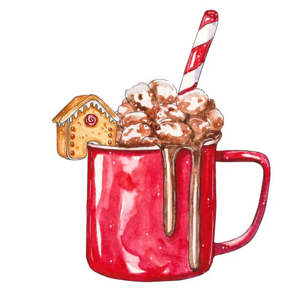 Rote Tasse Kakao Mit Marshmallows Aquarell Handgezeichnete Illustration Isoliert Auf — Stockfoto