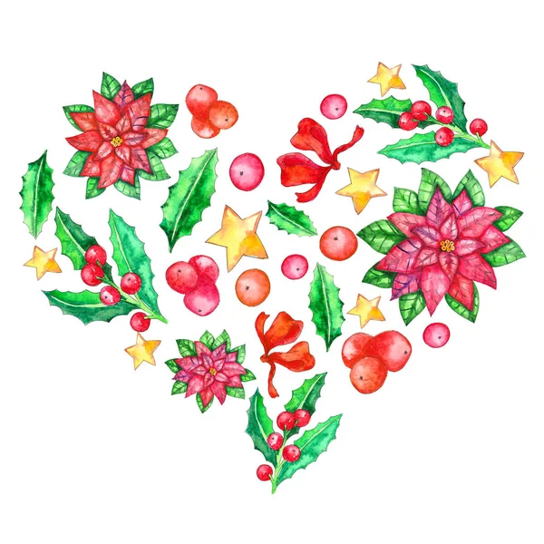 Kocham Boże Narodzenie Poinsettia Holly Jagody Gwiazdy Łuk Akwarele Serca — Zdjęcie stockowe