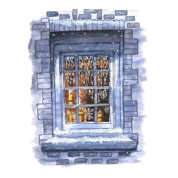 Kerst Winter Venster Aquarel Illustratie Ideaal Voor Kerstkaarten Leflets Ontwerp — Stockfoto