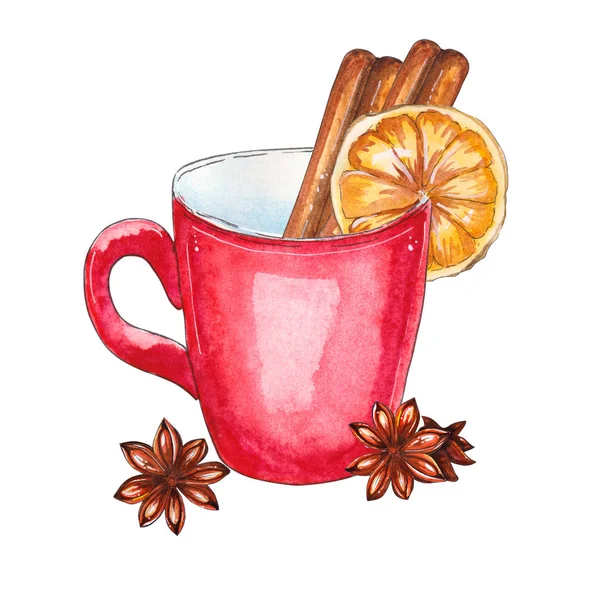 Taza Roja Leche Con Limón Canela Ilustración Dibujada Mano Acuarela —  Fotos de Stock