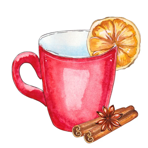 Coupe Rouge Lait Citron Cannelle Illustration Aquarelle Dessinée Main Isolée — Photo