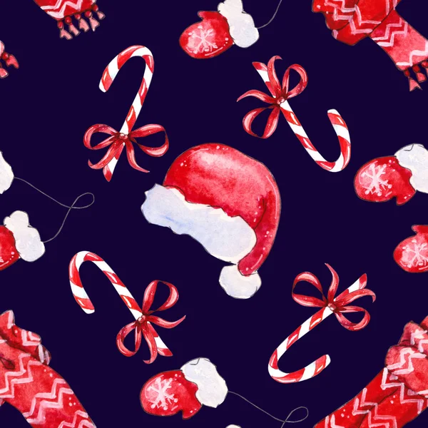 Рождественский Праздник Бесшовный Узор Элементами Красная Шляпа Шарф Варежки Конфеты — стоковое фото