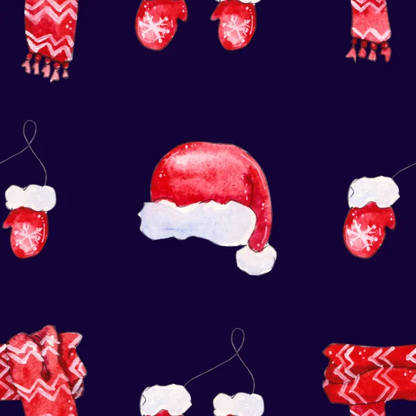 クリスマス休暇 シームレスなパターン要素赤い帽子 マフラー ミトンに孤立した暗い背景に水彩イラストとハンド描画 車の挨拶 — ストック写真