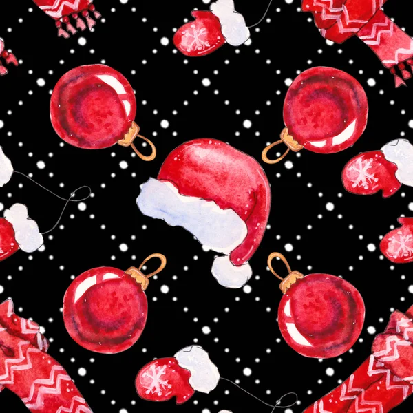 Christmas Holiday Seamless Pattern Elements Red Hat Scarf Mittens Ball — Stock Photo, Image